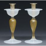 A pair of Venetian glass candlesticks, 20th c, decorated with latticino and gold aventurine, 28cm h