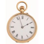 A Swiss 18ct gold keyless cylinder watch, with enamel dial, in plain case, gold cuvette engraved