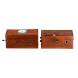 Two Victorian mahoganyÂ  magneto electric therapeutic machines, the lid of one inset with enamel