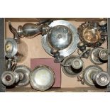 Miscellaneous plated articles, to include Sheffield Plate candlesticks, EPNS muffin dish and
