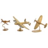 Three World War Two brass models of aircraft, Lancaster 24.5cm l Condition