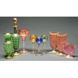 A Venetian gilt cranberry glass garniture, second half 20th c, each on frilled foot, 24cm h and