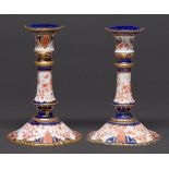 A pair of Royal Crown Derby Japan pattern candlesticks, 1897, 15.5cm h, printed mark One in good