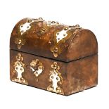 A Victorian walnut scent casket, with studded gilt brass and ivory strapwork, the plush lined