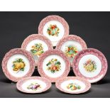 A set of seven Staffordshire bone china fruit painted dessert plates, c1870, with pink and gilt