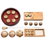 One pair and three sets of Japanese Satsuma buttons, an hexagonal brooch, waist clasp and stickpin