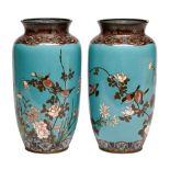 A pair of Japanese cloisonne enamel vases, Meiji period, of shouldered form decorated with birds and