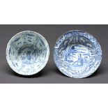 Two Chinese Kraak porcelain bowls, 17th c, painted in underglaze blue with an egret or figure within