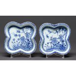 A pair of Chinese export blue and white  quadrilobed dishes, late 18th c, painted with birds in