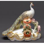 A Royal Crown Derby model of a Derby peacock, late 20th c, 17.5cm h, printed mark Second quality,