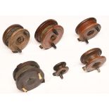 Angling. Four Nottingham reels, various sizes and a miniature example (5) All showing signs of