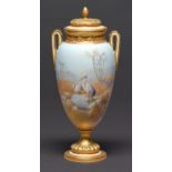 A Royal Worcester vase and cover, 1912, painted by W Powell, signed, with egrets at an oasis in a