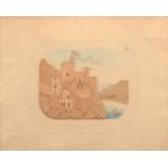 A pair of cork pictures, 19th c, of a castle and riverside town, with watercolour detail, in