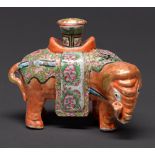 A Chinese elephant incense burner, early 19th c, the socket and trappings decorated in Canton