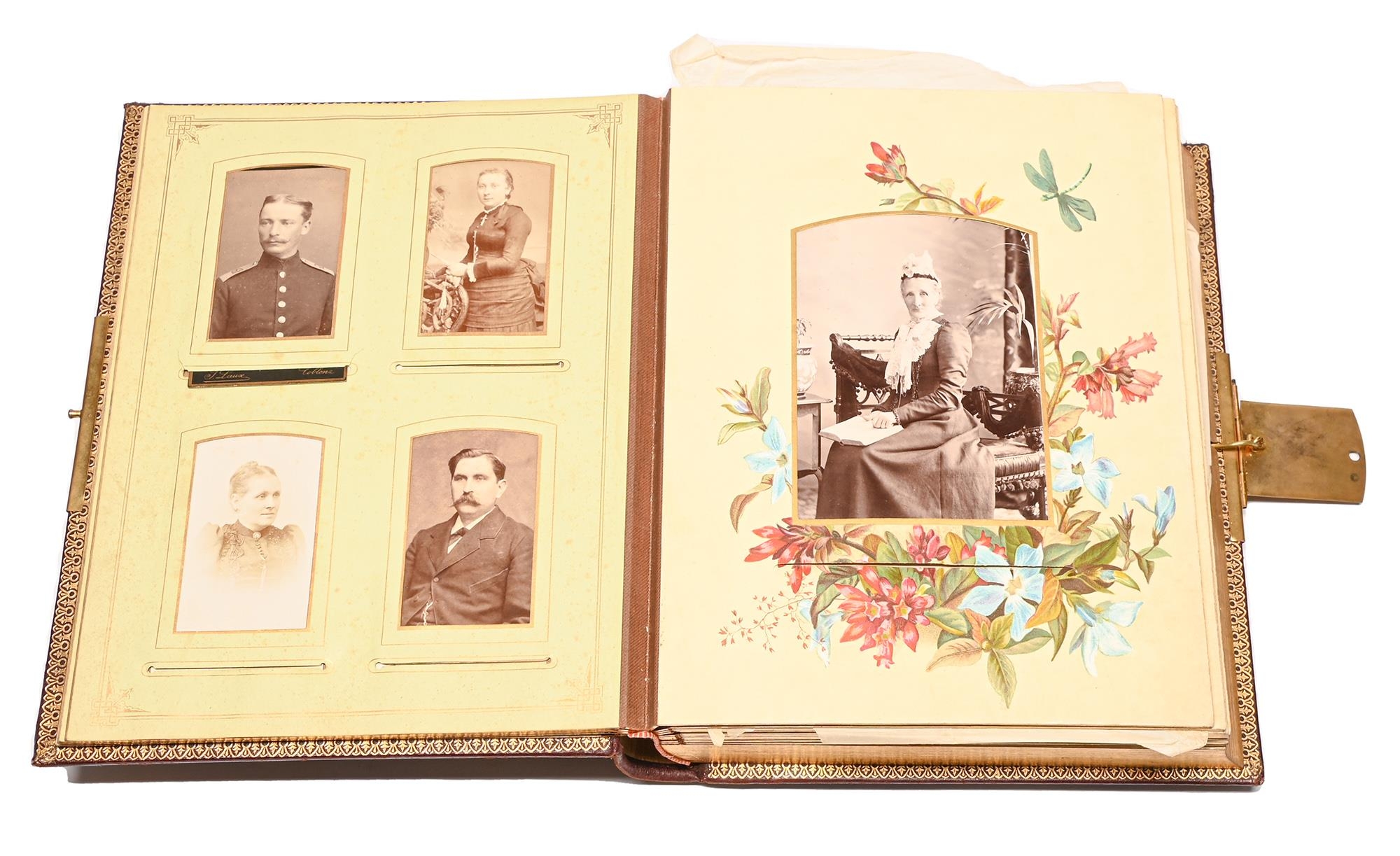 A Victorian musical photograph album,  with linen hinged floral chromo. leaves, the movement with - Image 2 of 3