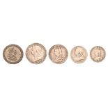 Four United Kingdom silver coins, all Victorian, including Crown 1893 and Cartwheel Penny 1797 (5)