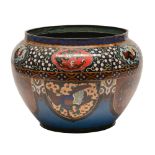 A Japanese cloisonne enamel jardiniere, Meiji period, with alternating lappet shaped reserves of