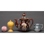 A Staffordshire silver resist lustre decorated pale blue earthenware jug, c1810, 11.5cm h, an