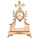 A French gilt lacquered brass mounted alabaster portico clock, late 19th c, with enamel dial, 47cm h