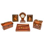 An Edwardian art nouveau inlaid mahogany mantel timepiece with French movement, 23cm h, a