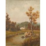 Follower of John Constable - Landscape, signed E Button, oil on canvas, 54 x 69cm, architectural