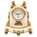 A French gilt bronze mounted statuary marble mantel timepiece, c1900, in Louis XVI style, the enamel