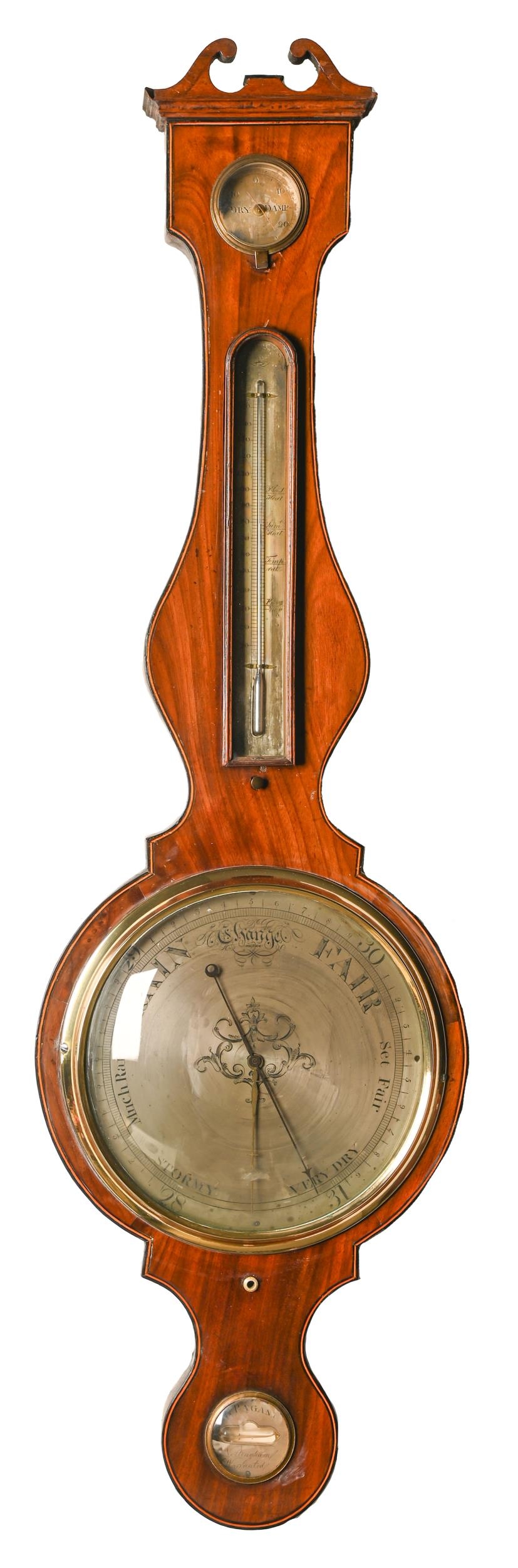 A Victorian mahogany and line inlaid barometer, A Pagani Warranted Nottingham,  with mercury
