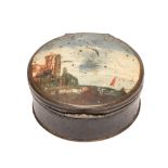 A brass mounted japanned tinplate snuff box, early 19th c, the slightly convex lid painted with a