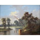 A Stone, 19th c - Wooded River Landscape, signed, oil on canvas, 30 x 41cm Unlined; small square