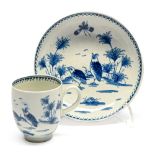 A Worcester blue and white Two Quails pattern coffee cup and saucer, c1775-1780, 12.5cm diam, open