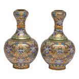 A pair of Chinese gilt brass and cloisonné enamel garlic necked vases, 20th c,  20cm h Good