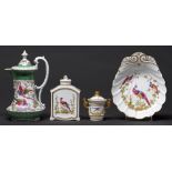 Three Spode bone china articles with Worcester style 'Fancy Bird' decoration, late 20th c, tea caddy