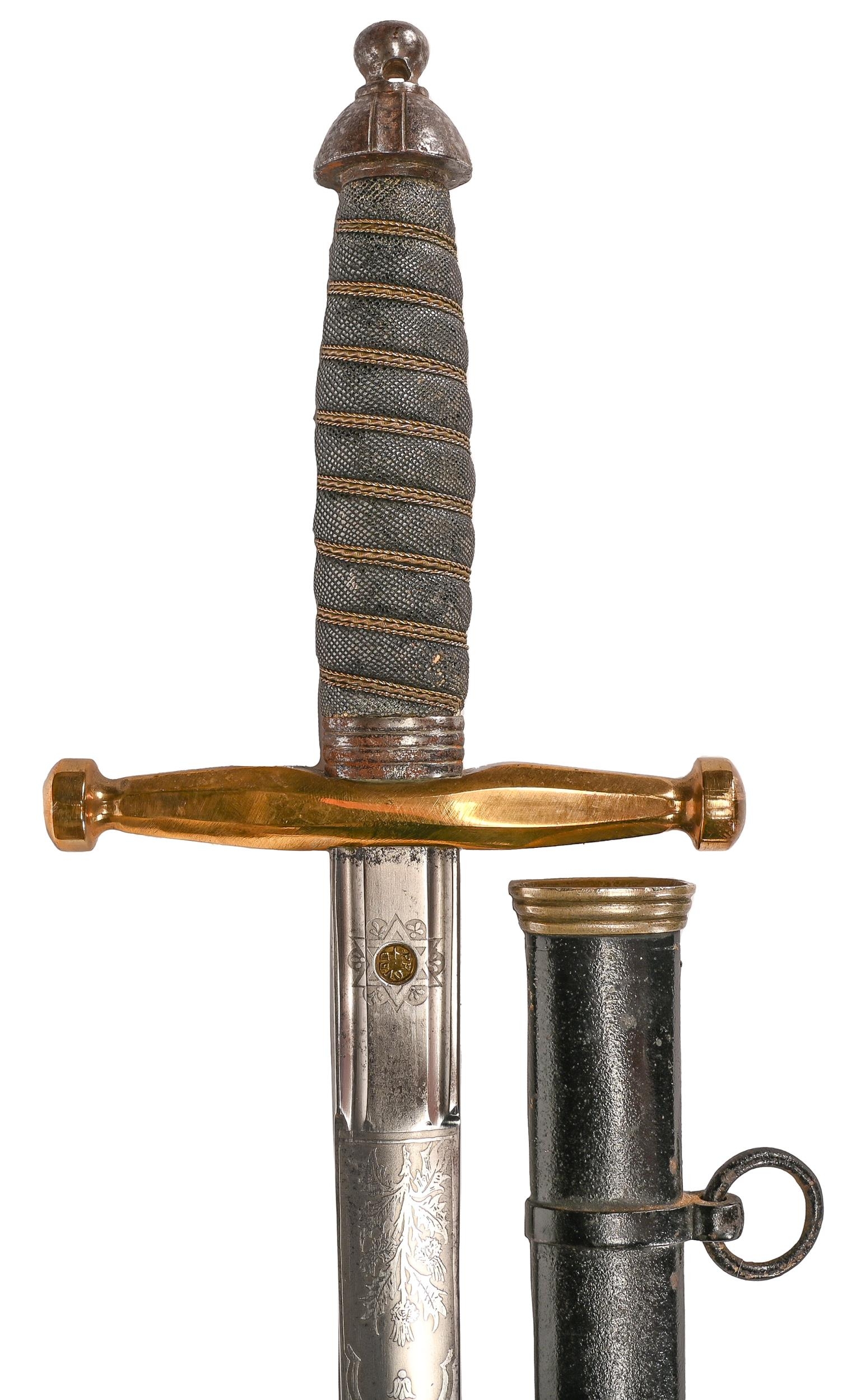 A Scottish Infantry Officer's cross hilted sword, the etched blade with GvR, wire bound fish skin