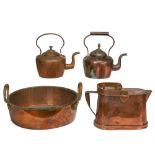 Four Victorian copper domestic articles, comprising two handled preserving pan, water can and two