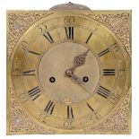 An English brass eight day longcase clock movement and dial, Jonas Barber [of Winster], late 18th c,