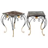 A pair of black and gilt painted steel tables with black and white marble top, late 20th c, 57cm