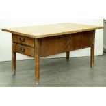 A Victorian pine country house kitchen table, the deep top fitted with two drawers to either end,