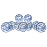 A set of eleven Leeds blue printed earthenware chinoiserie Long Bridge pattern plates, early 19th c,