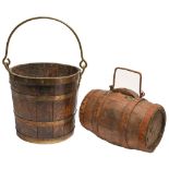 A Victorian wood and painted iron costrel, 31cm l and a brass bound oak staved bucket (2) Costrel