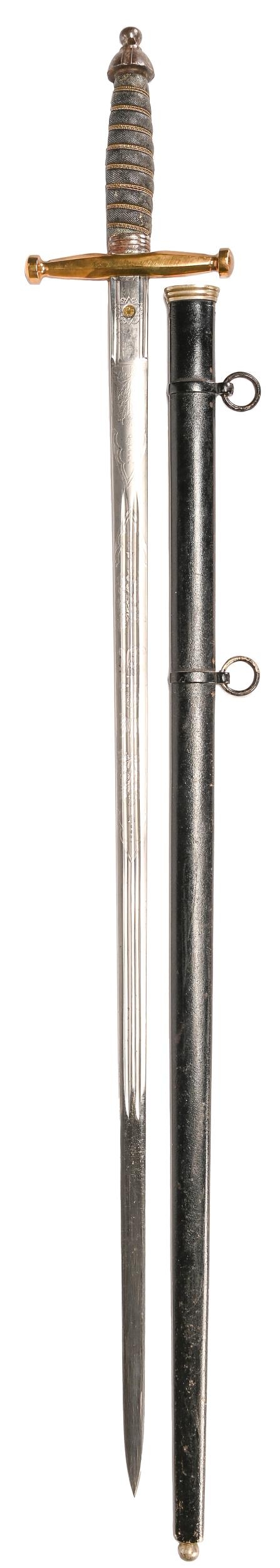 A Scottish Infantry Officer's cross hilted sword, the etched blade with GvR, wire bound fish skin - Image 2 of 2