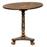 A Chinese black and gold export lacquer pedestal table, 19th c, the tip-up top with egrets in a
