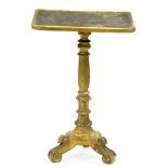 A Victorian japanned lamp table, on associated giltwood pedestal and three S-scroll feet, 72cm h; 37