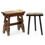 A pine trestle stool, late 19th / early 20th c, in English 16th c style, with pegged stretcher, 54cm