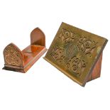 A Victorian pierced and engraved brass Bible rest, 27 x 37cm, later wood mount and a Victorian