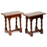 A pair of oak joined stools, 20th c, in English 17th c style, with flat centre stretcher, 51cm h; 27