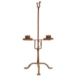 An English iron candelabrum, 18th / early 19th c, of two lights, on tripod, 46.5cm h Rusty