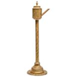 A Dutch sheet brass oil lamp, 19th c, the detachable can shaped burner with angled spout and cavetto