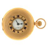 A 9ct gold half hunting cased keyless lever watch, with enamel dial, engine turned, 49mm diam,
