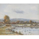 E Akroyd (20th c) - Angler on a Riverbank, signed, watercolour, 24.5 x 34cm Good condition