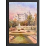 An English porcelain plaque, c1880, painted by J Birbeck, signed, with Dunrobin Castle, 22 x 14.